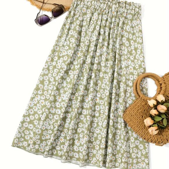 Temu Dresses & Skirts - Womens Green Flirty Floral Print elastic waist Skirt Spring Summer Size small-4
